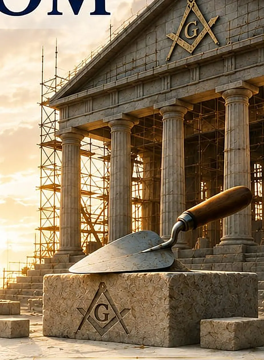 Templo em construção, com a colher de pedreiro sobre a pedra cúbica